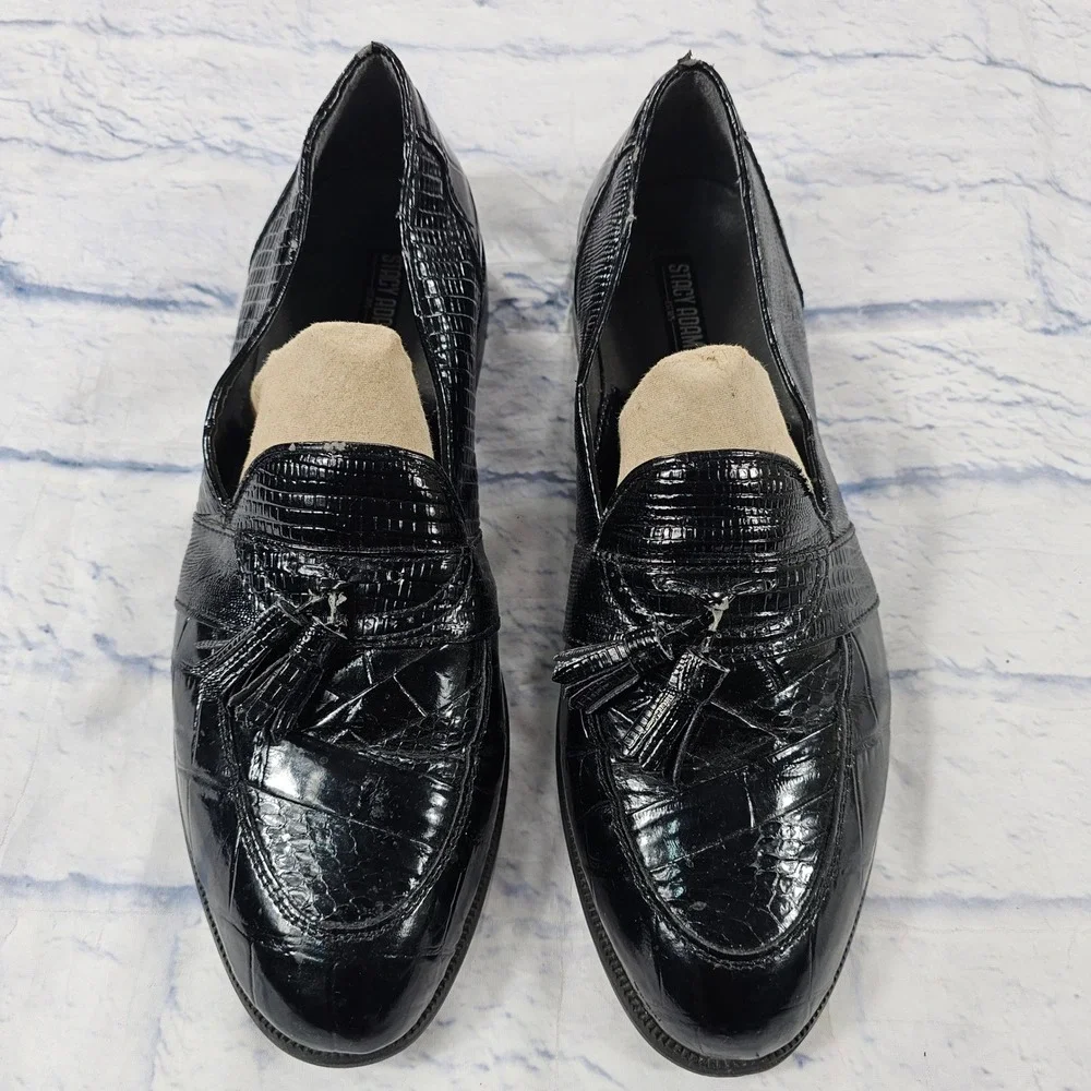 Stacy Adams Loafers Mens 10.5 Black Genuine Snake Leather Tassel Croc Embossed